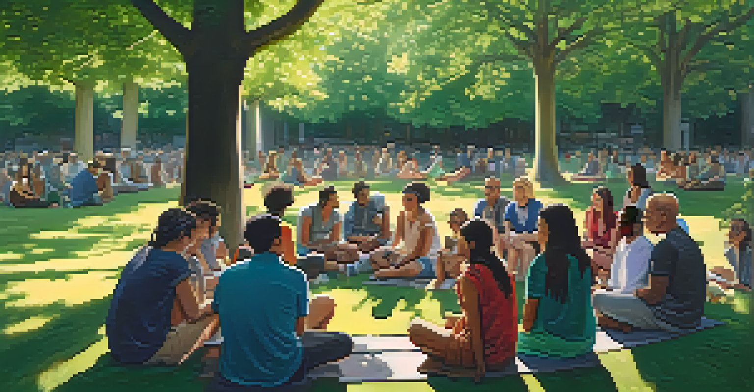 A group of diverse individuals sitting in a circle in a park, sharing experiences together under soft sunlight.
