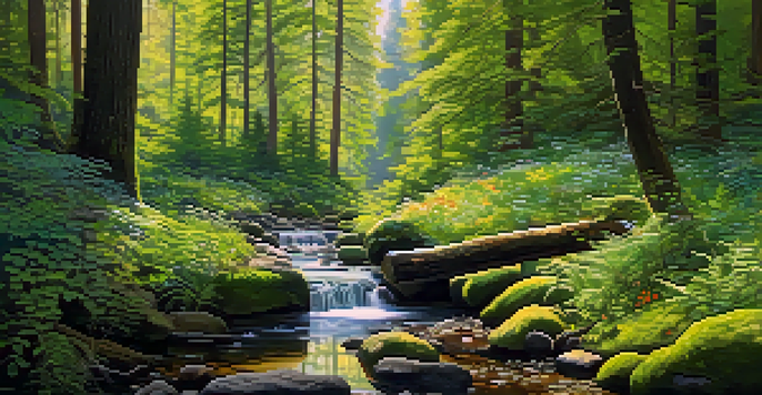 A peaceful forest scene with sunlight filtering through the trees, a stream, green ferns, and colorful wildflowers.