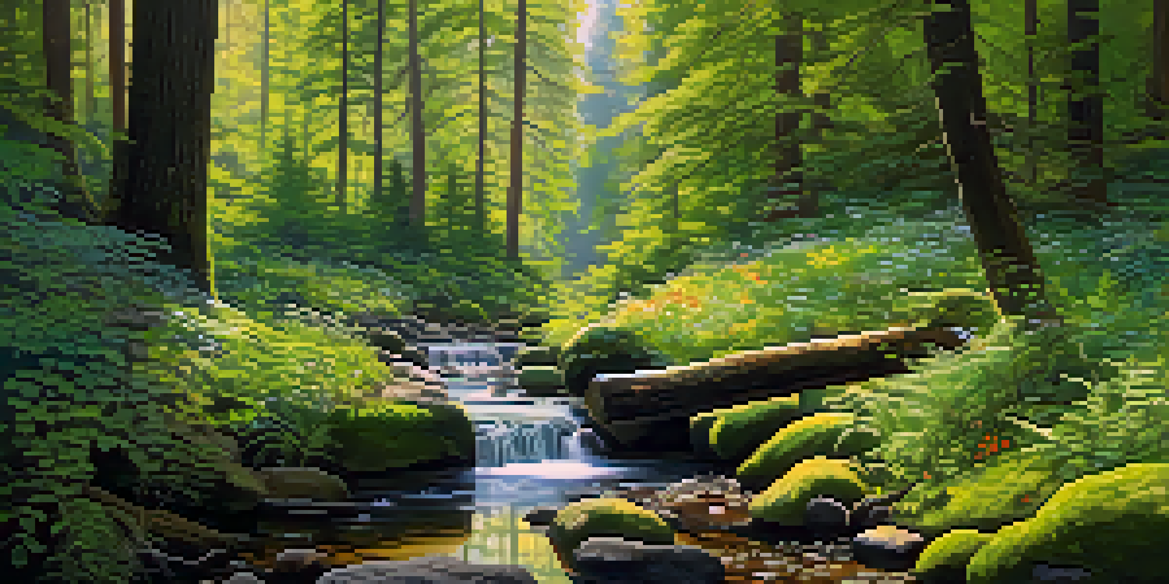 A peaceful forest scene with sunlight filtering through the trees, a stream, green ferns, and colorful wildflowers.