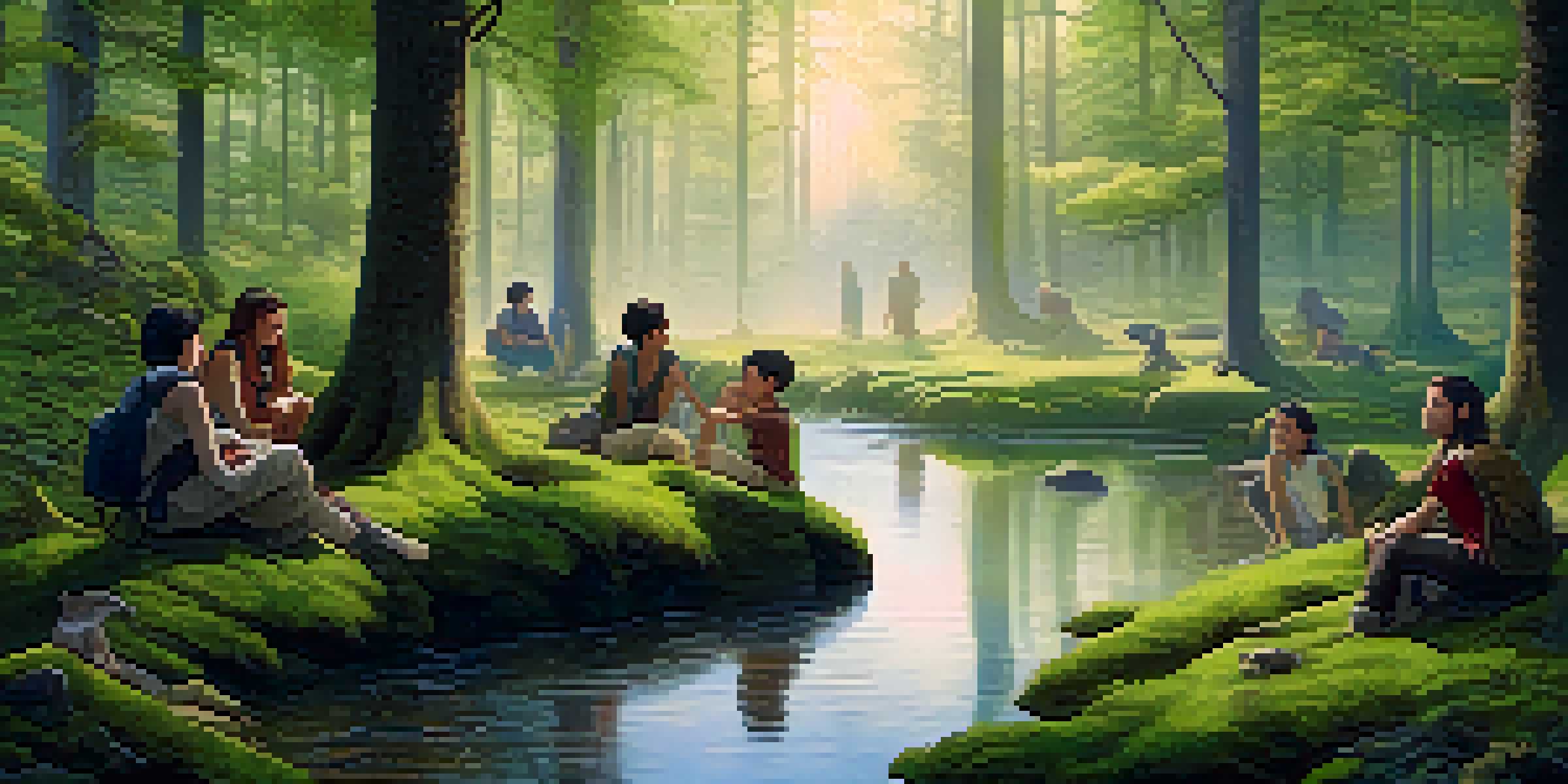 A diverse group of people sitting in a circle in a lush green forest, sharing stories. Soft dawn light filters through the trees, creating a peaceful atmosphere.