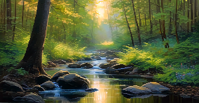A tranquil forest scene at dawn with sunlight filtering through the trees and a flowing stream.