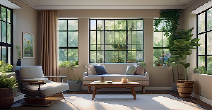 A calming therapy room designed for mental health sessions, featuring cozy seating, soft lighting, and a view of a tranquil garden.