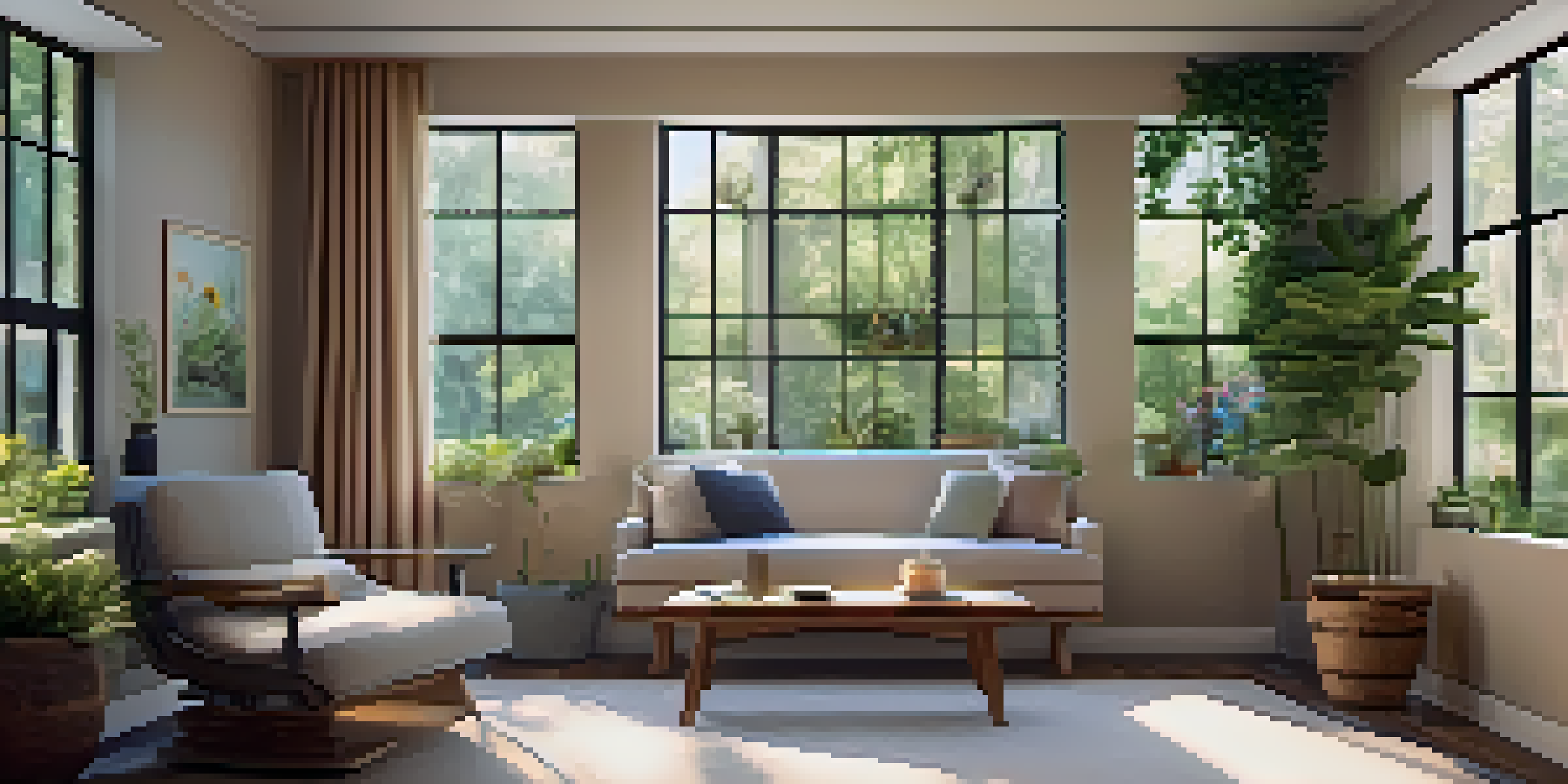 A calming therapy room designed for mental health sessions, featuring cozy seating, soft lighting, and a view of a tranquil garden.