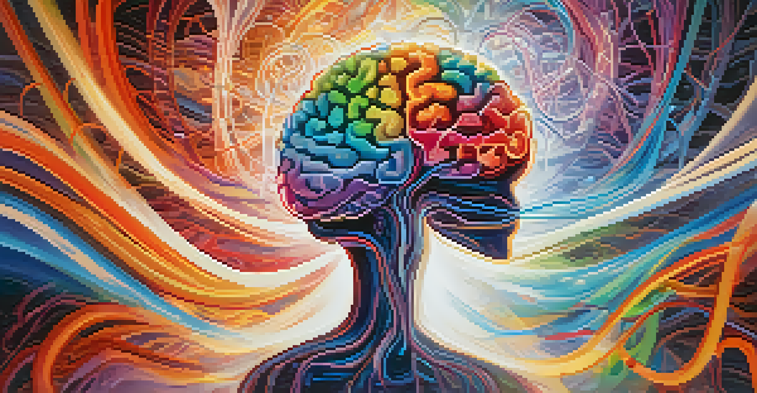 A realistic brain surrounded by vibrant colors representing creativity and transformation, illustrating neural pathways with glowing lines.