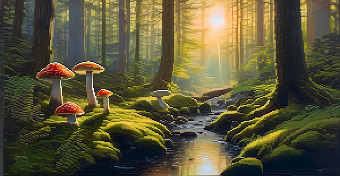 A beautiful forest at dawn with sunlight filtering through trees, mossy ground, and colorful mushrooms.