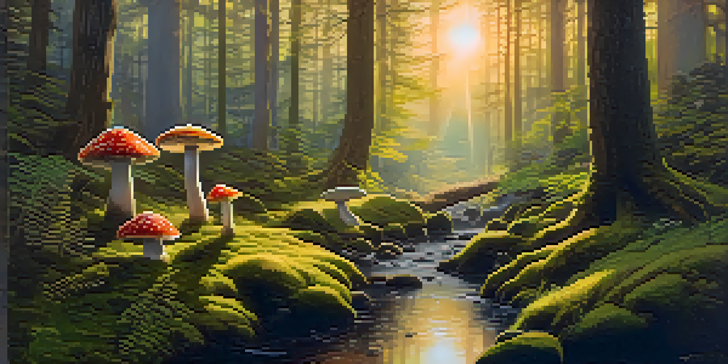 A beautiful forest at dawn with sunlight filtering through trees, mossy ground, and colorful mushrooms.
