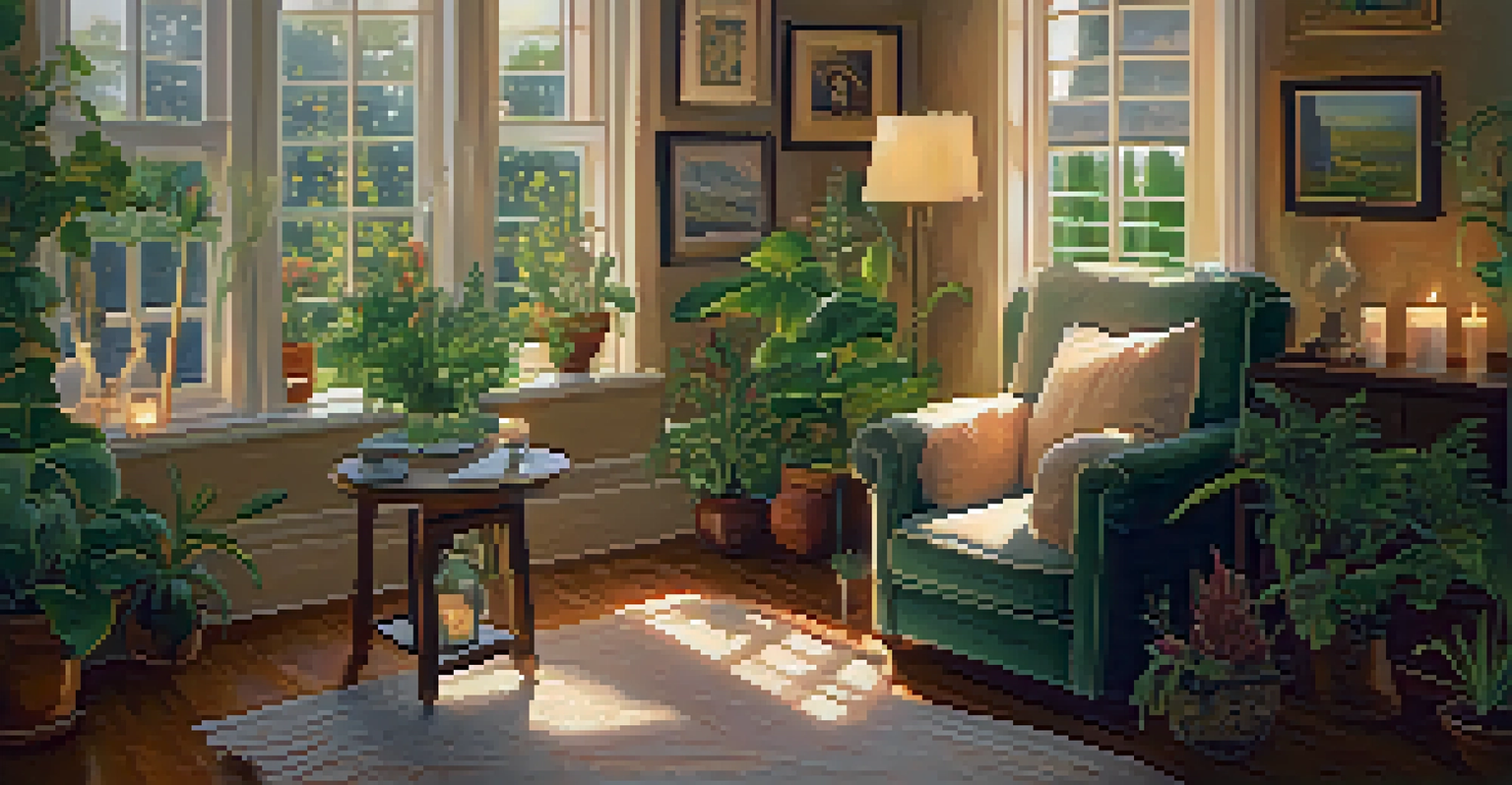 A cozy room with soft lighting, a person journaling amidst plants and candles.