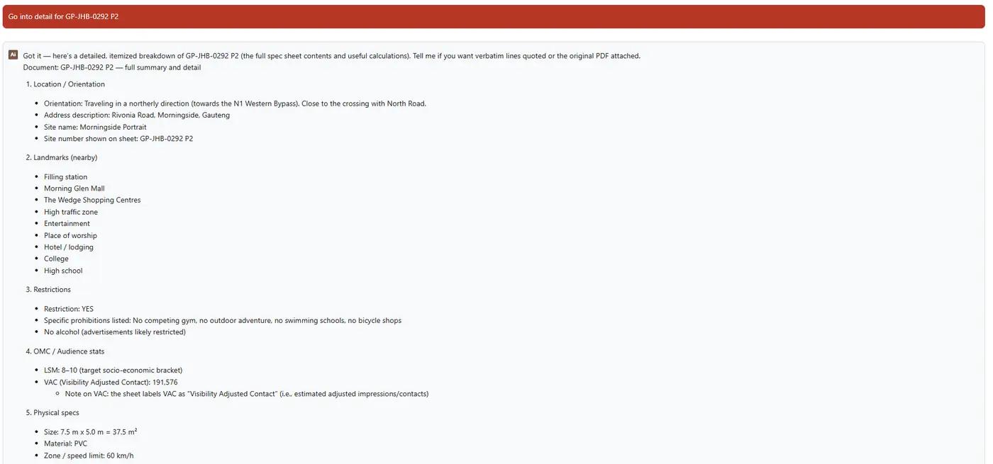 Screenshot of an AI assistant itemising the details of a billboard site spec sheet