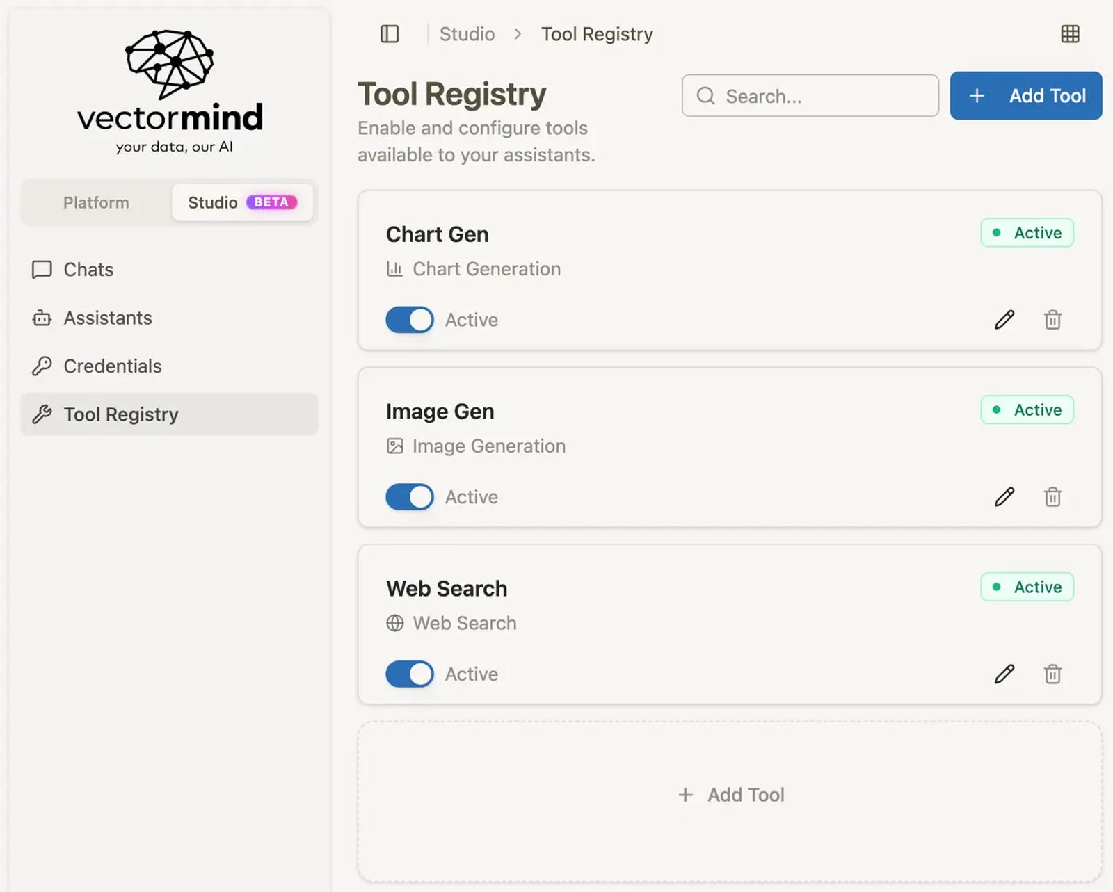 Tool Registry screen listing active Chart Gen, Image Gen and Web Search tools