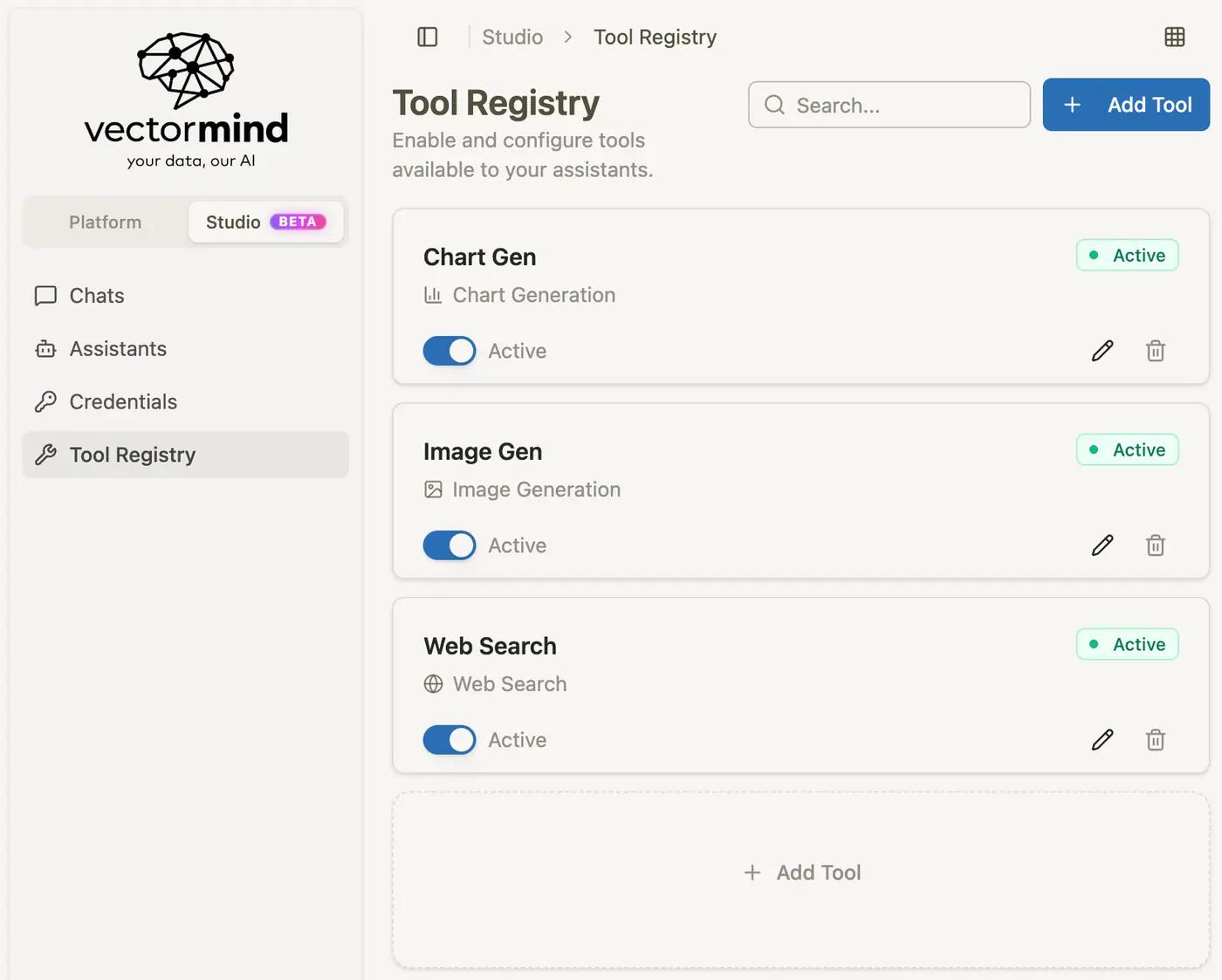 Tool Registry screen listing active Chart Gen, Image Gen and Web Search tools