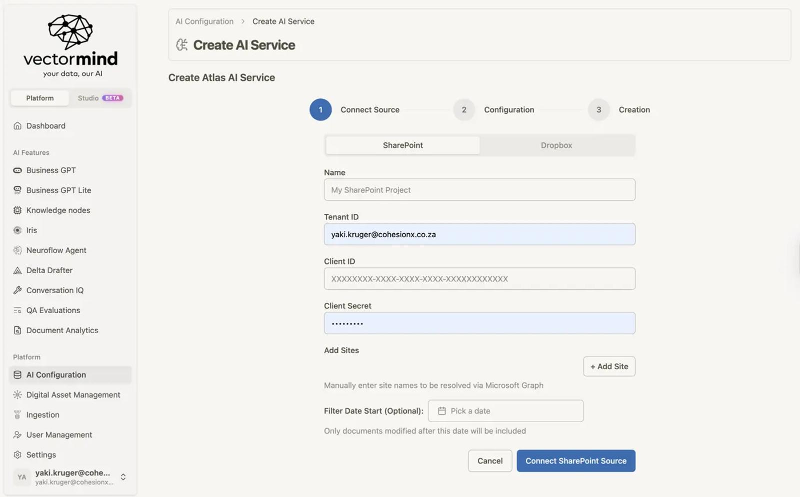 Create Atlas AI Service screen with SharePoint and Dropbox source options