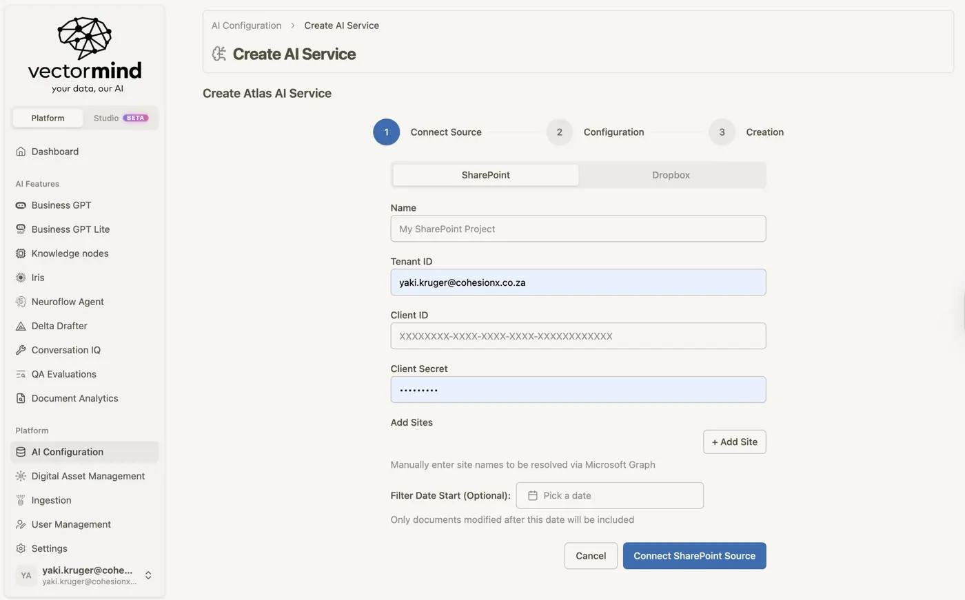 Create Atlas AI Service screen with SharePoint and Dropbox source options