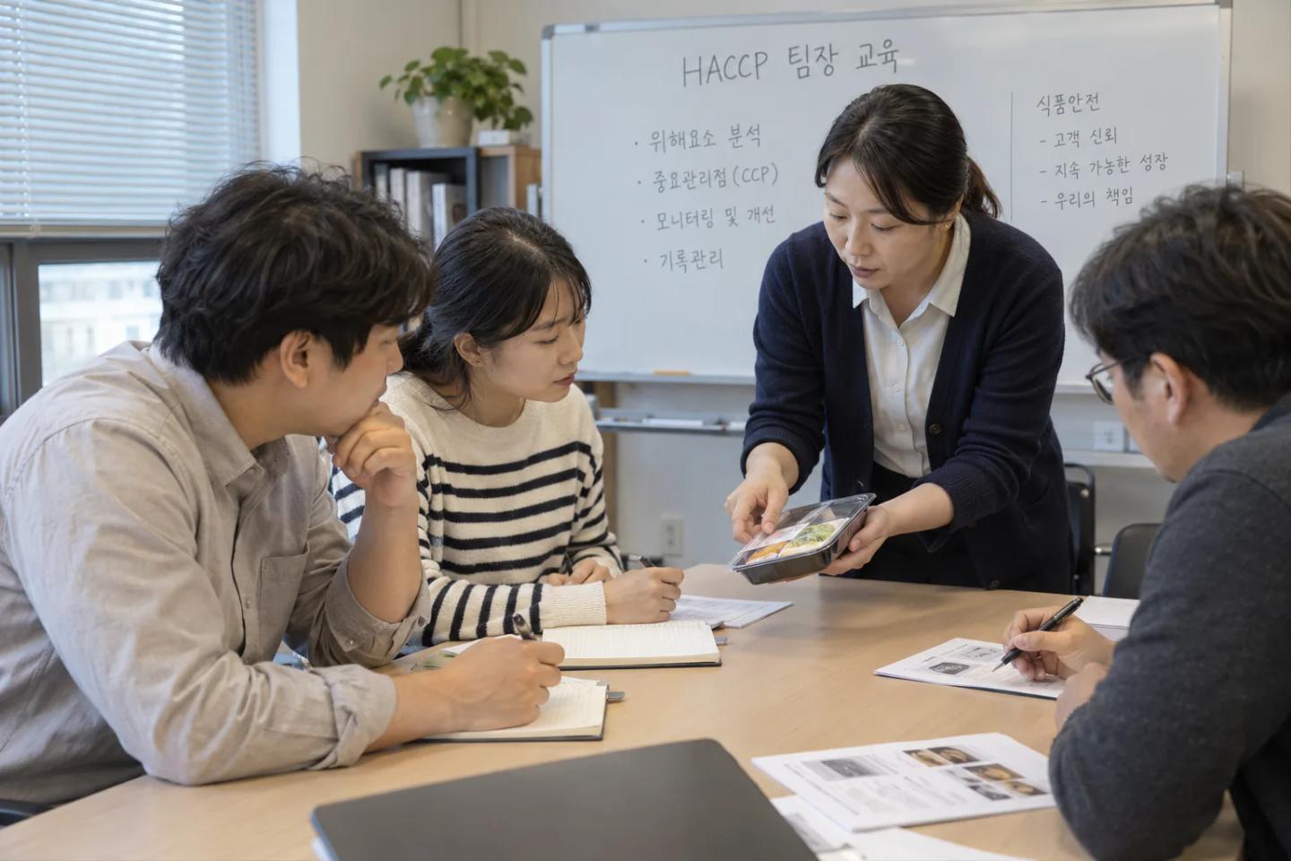 식품안전 교육실에서 포장 시료를 보며 설명을 듣는 팀장과 담당자들