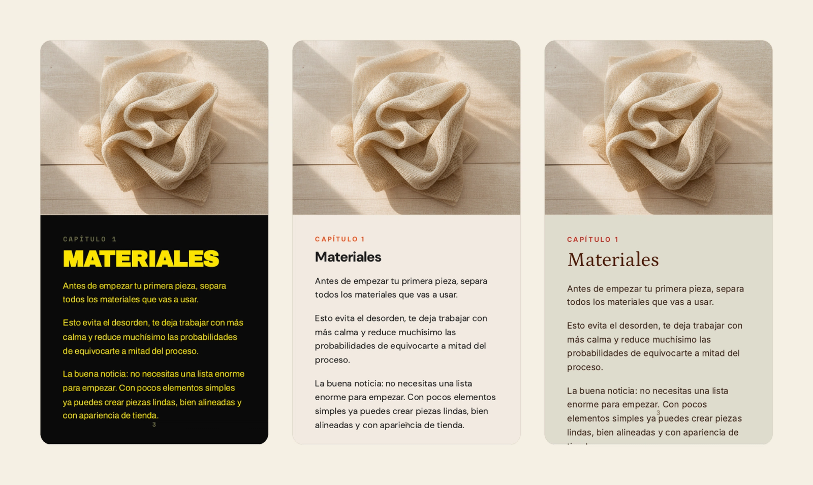 La página de materiales de la guía en tres estilos distintos