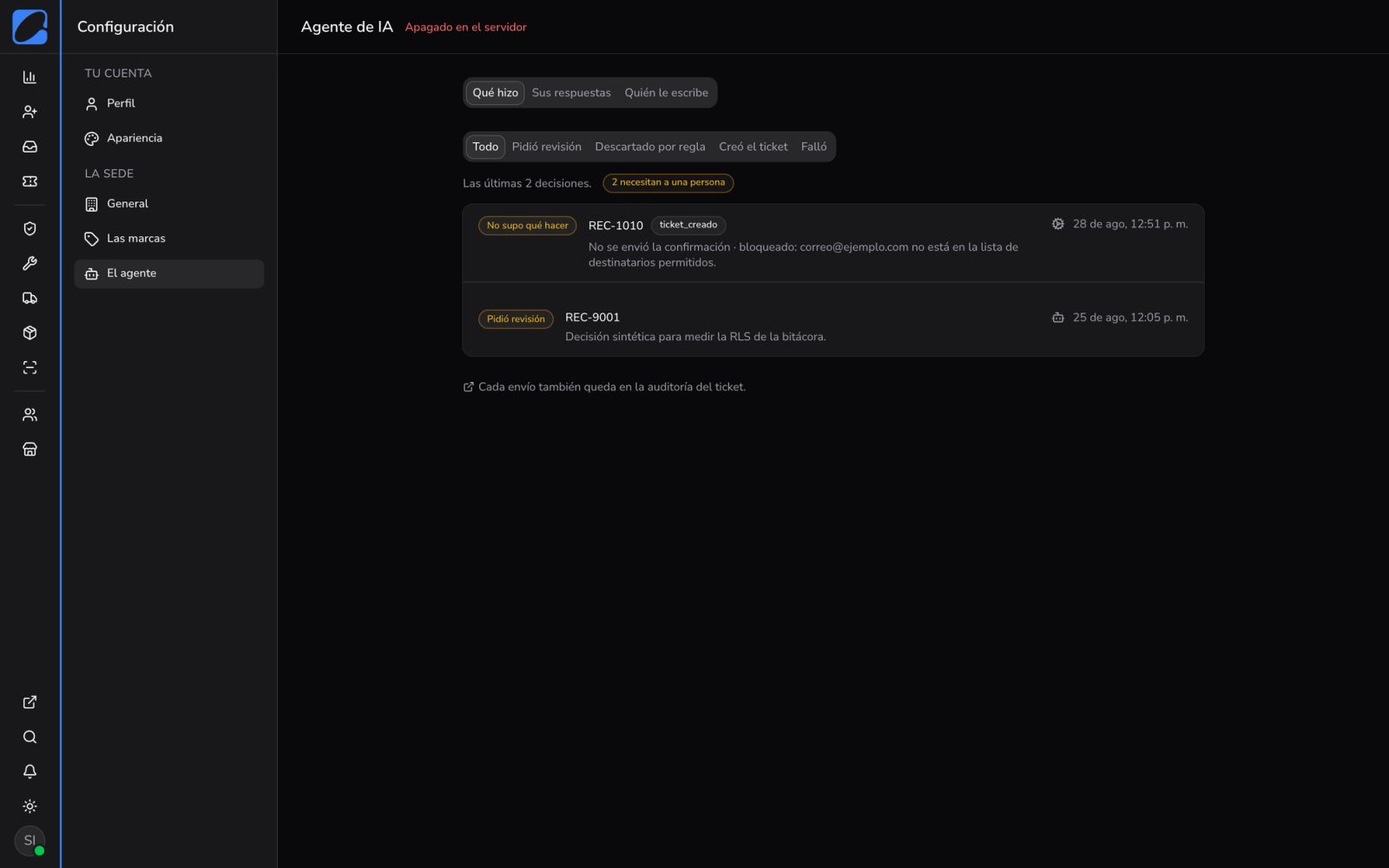 Bitácora del agente con sus decisiones y el motivo de cada una