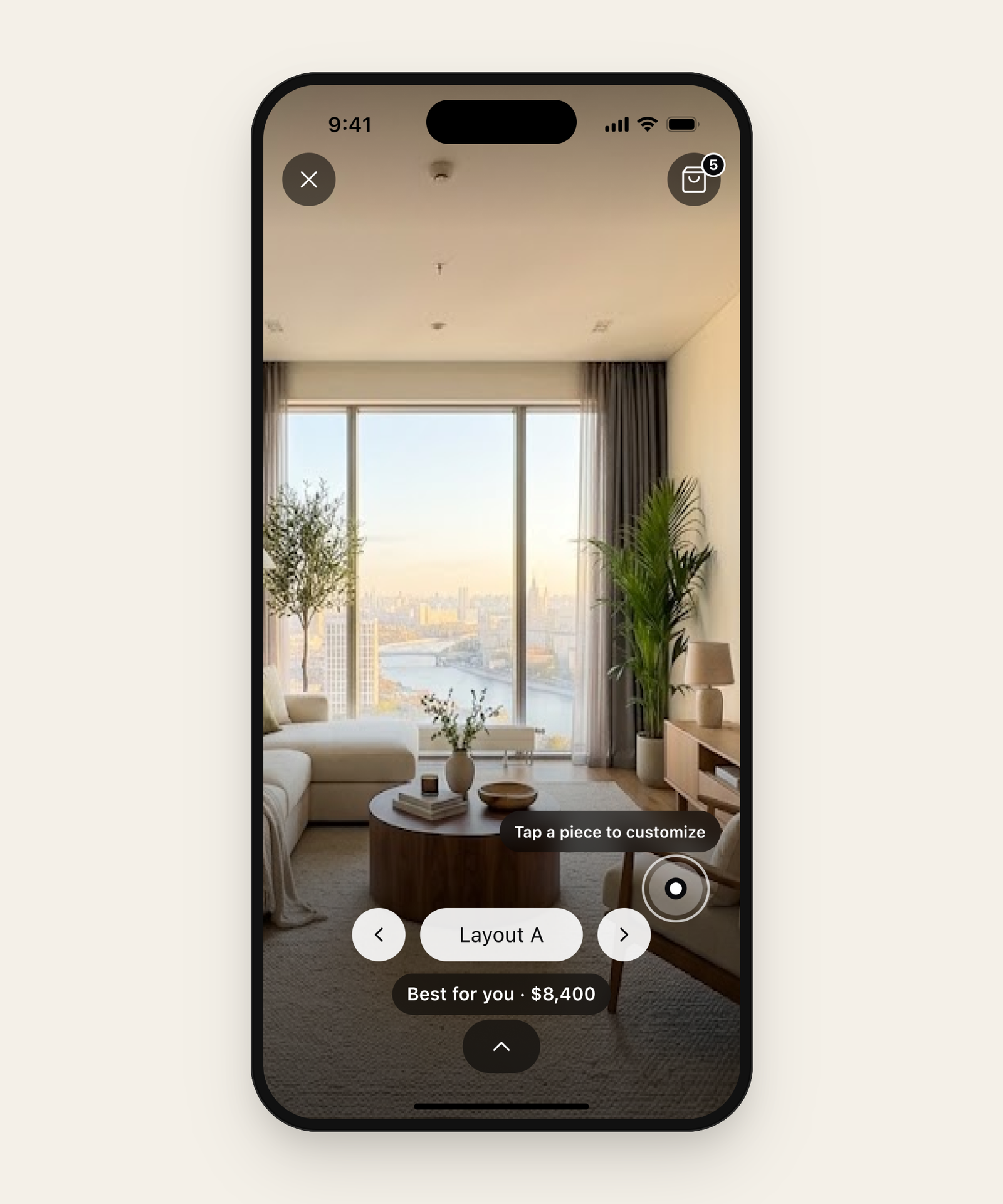 Pantalla de iPhone con la sala amueblada en realidad aumentada dentro del cuarto real y el selector Layout A