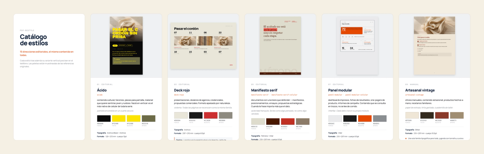Páginas del catálogo de estilos con muestra, paleta, tipografía y formato de cada uno