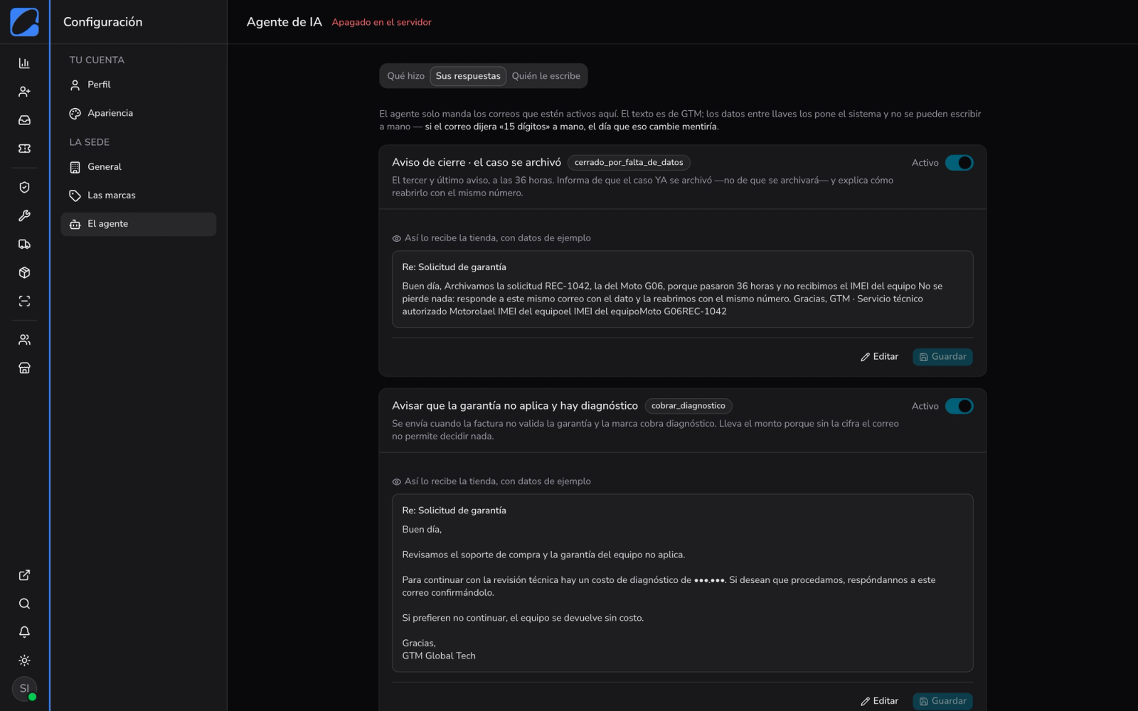 Plantillas de respuesta del agente con su vista previa y el interruptor de activación