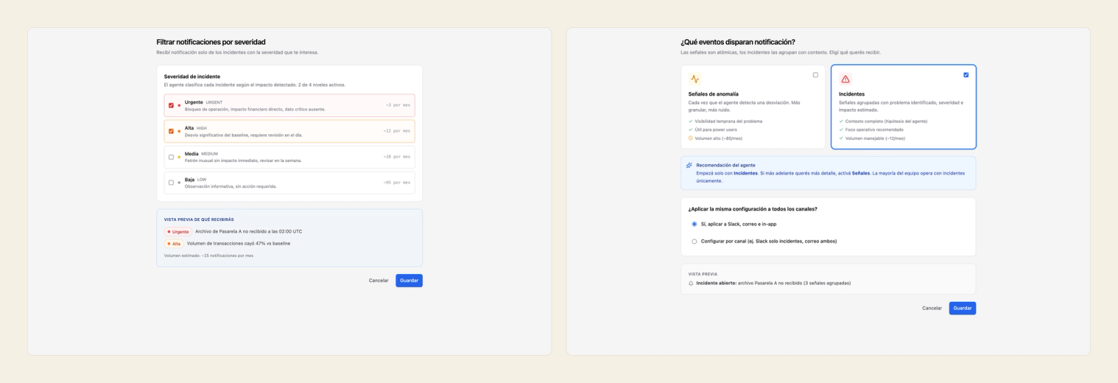 Filtro de notificaciones por severidad junto a la elección entre señales de anomalía e incidentes