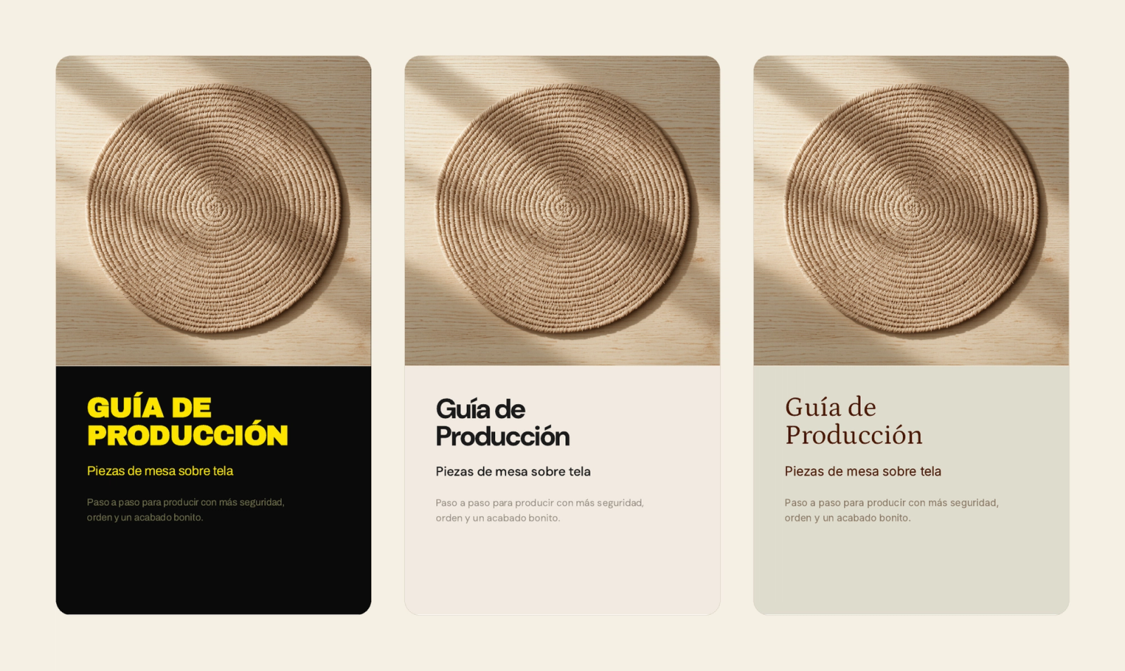 Tres portadas de la misma guía en formato vertical para celular, en los estilos ácido, hueso y naranja, y manifiesto serif