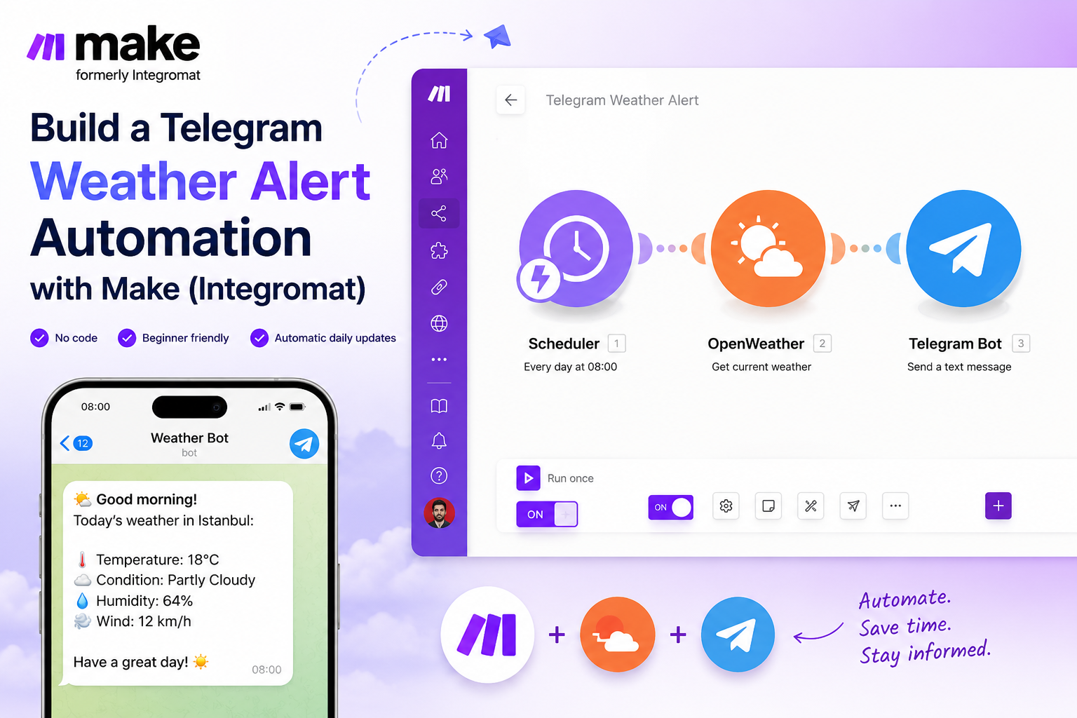 How to Build a Telegram Weather Alert Automation Using Make (Integromat) guide cover image