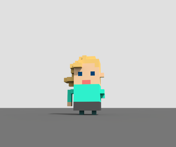 Julia in pixel form with with yellow hair, green shirt