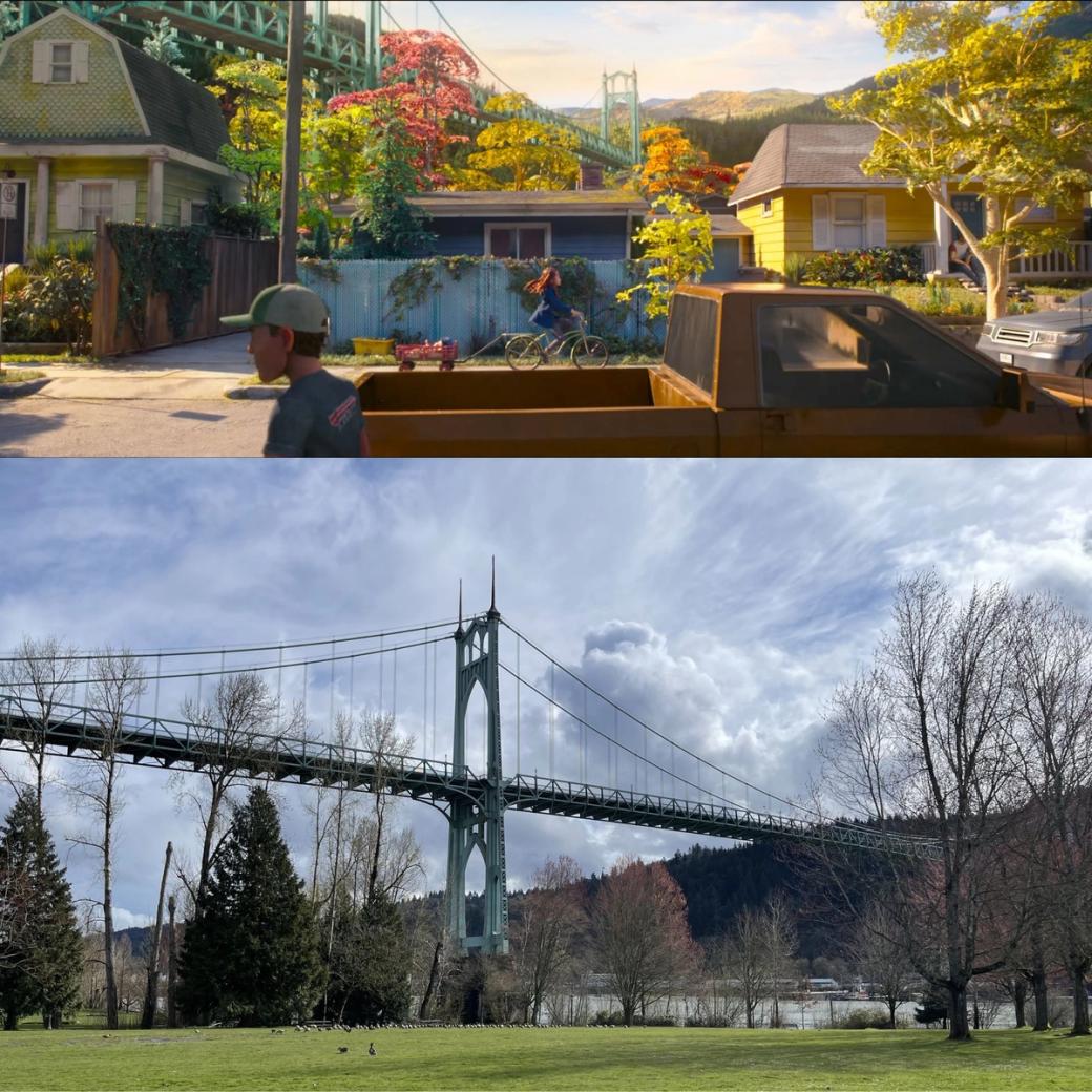 Top: An animated neighborhood with colorful houses, trees, people, and a big teal bridge in the background.  Bottom: A tall teal bridge over a river with trees and grass in the foreground.