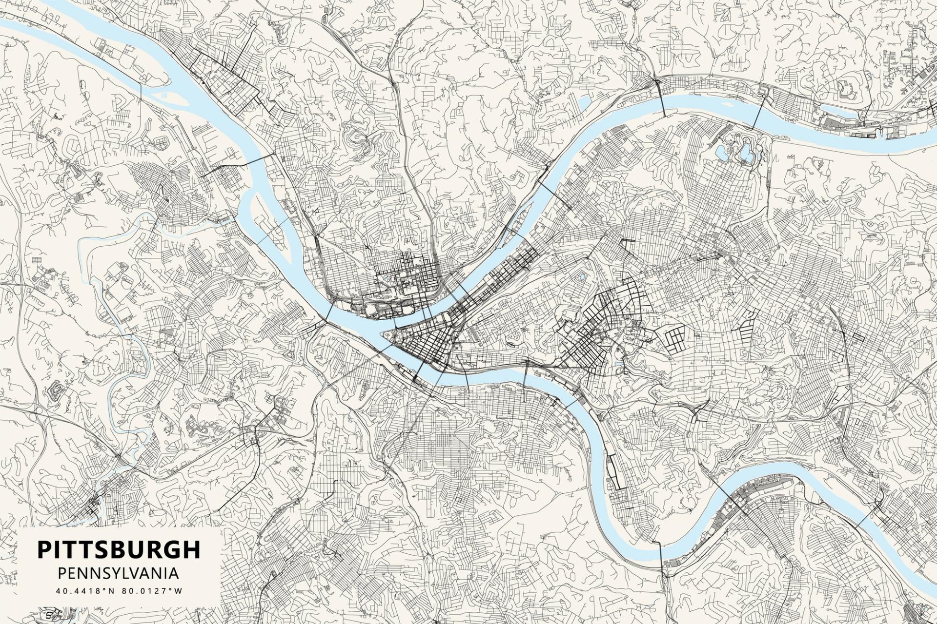 a black and white illustrated map of Pittsburgh