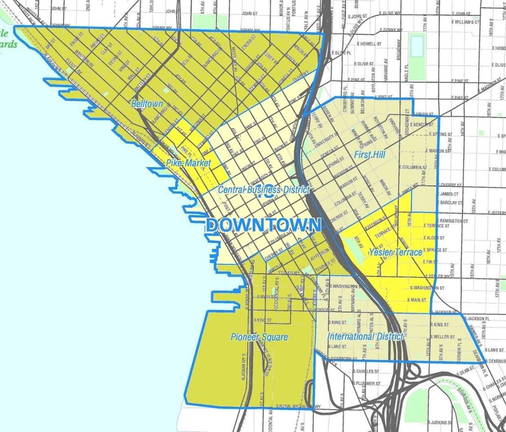 A map of downtown Seattle showing the neighborhoods and street grids colliding at the points where streets do not line up