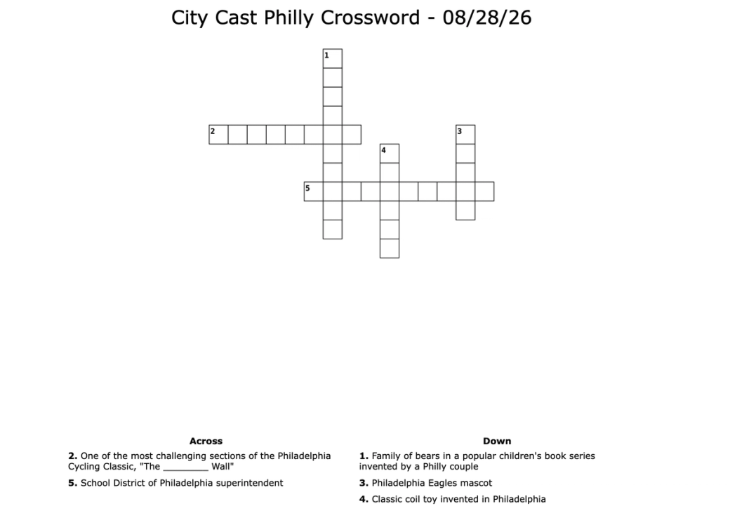 A crossword puzzle with five, Philly-themed clues. The title of the image says "City Cast Philly Crossword - 08/28/26