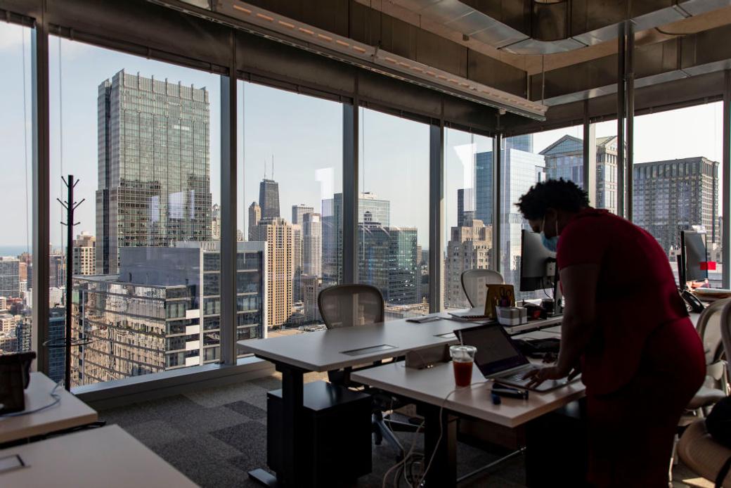 A worker in an office in the Loop in 2021