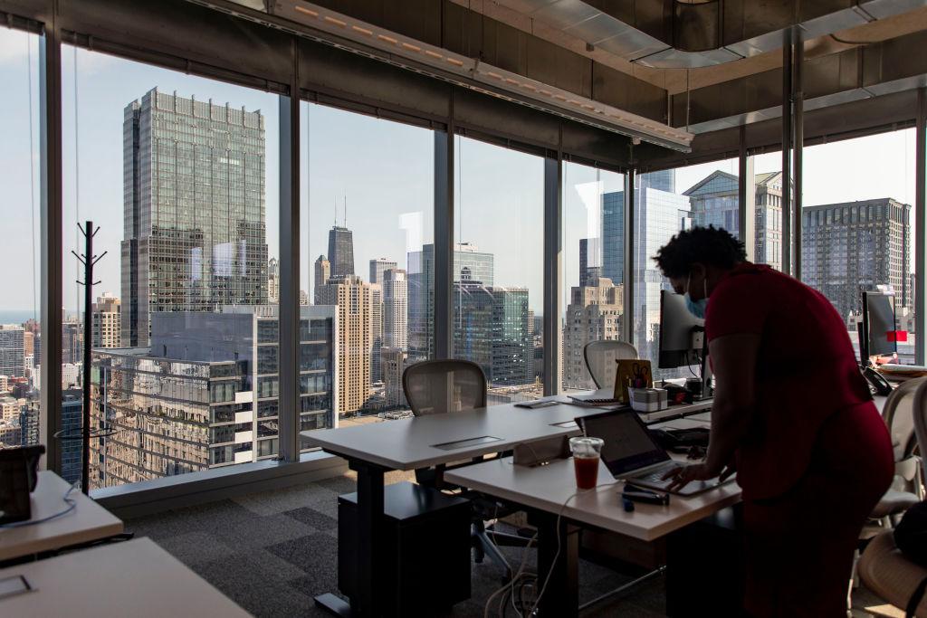 A worker in an office in the Loop in 2021