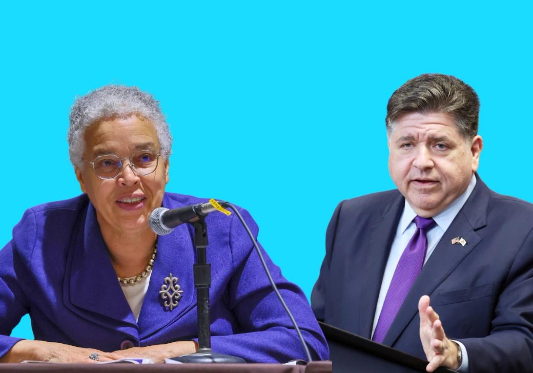 An edited image of two people side by side. The person on the left is an older looking woman with shorter hair sitting at a mic. The person on the right is a man at a podium