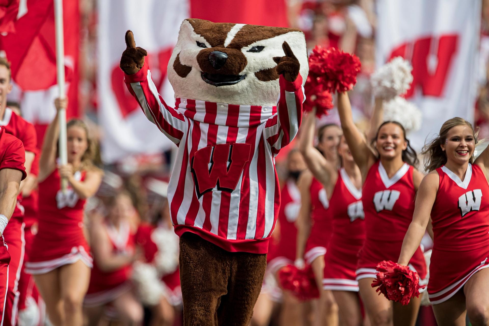 Bucky Badger runs out of the tunnel to lead the team onto the field durning a college football game between the Michigan Wolverines and the Wisconsin Badgers on October 2nd, 2021 at Camp Randall Stadium in Madison, WI