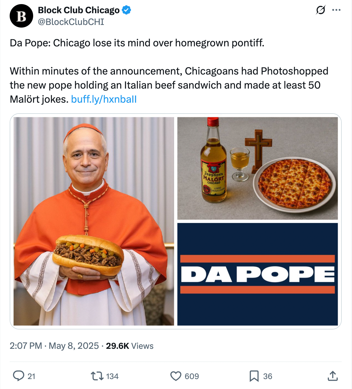 The pope holds an Italian beef.