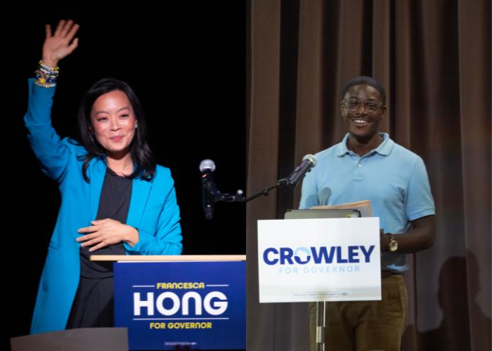 Francesca Hong and David Crowley stand on stages.