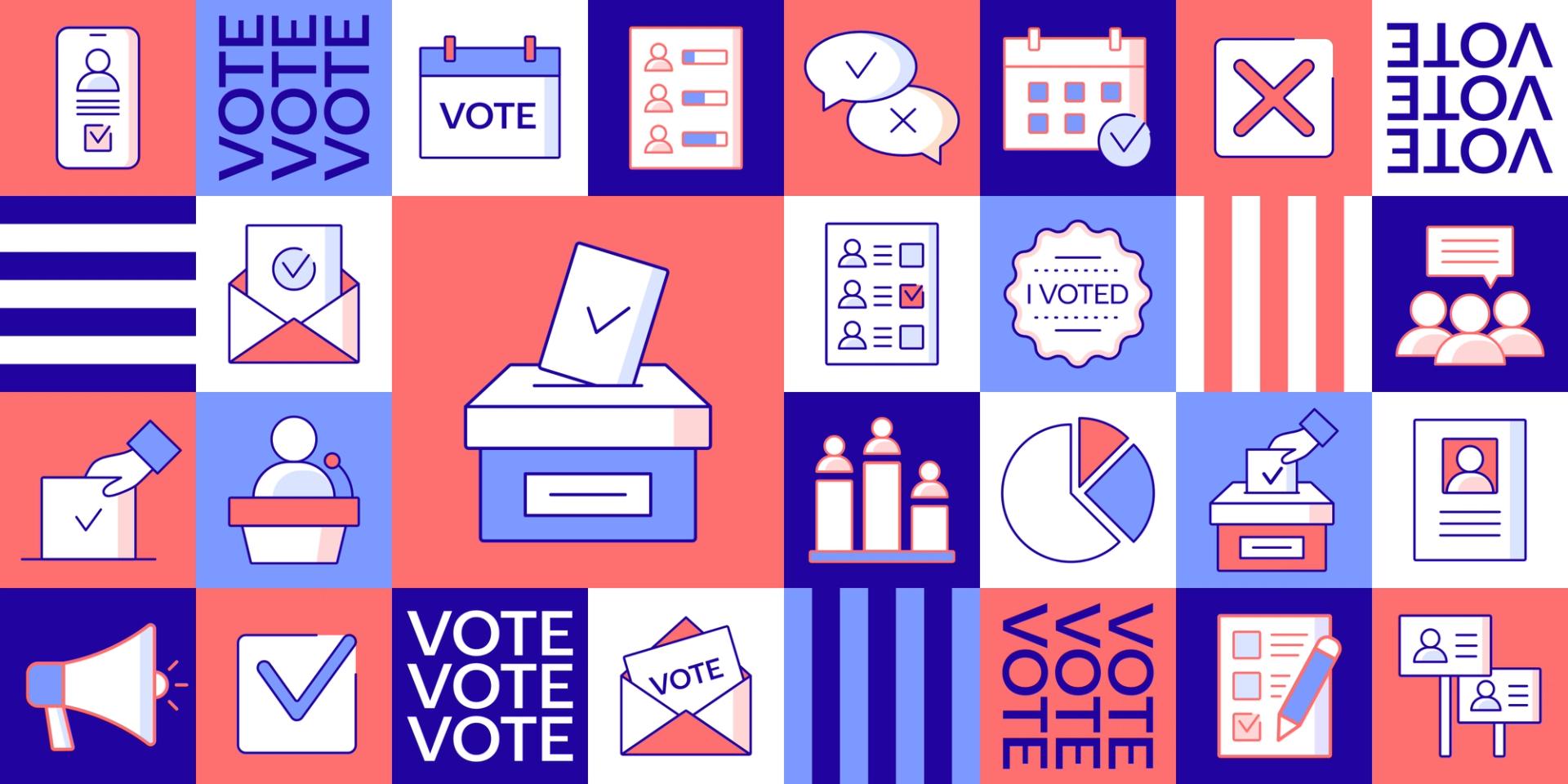A red, white, and blue graphic of voting icons, including a ballot box, megaphone, an "I voted" sticker, and voters.