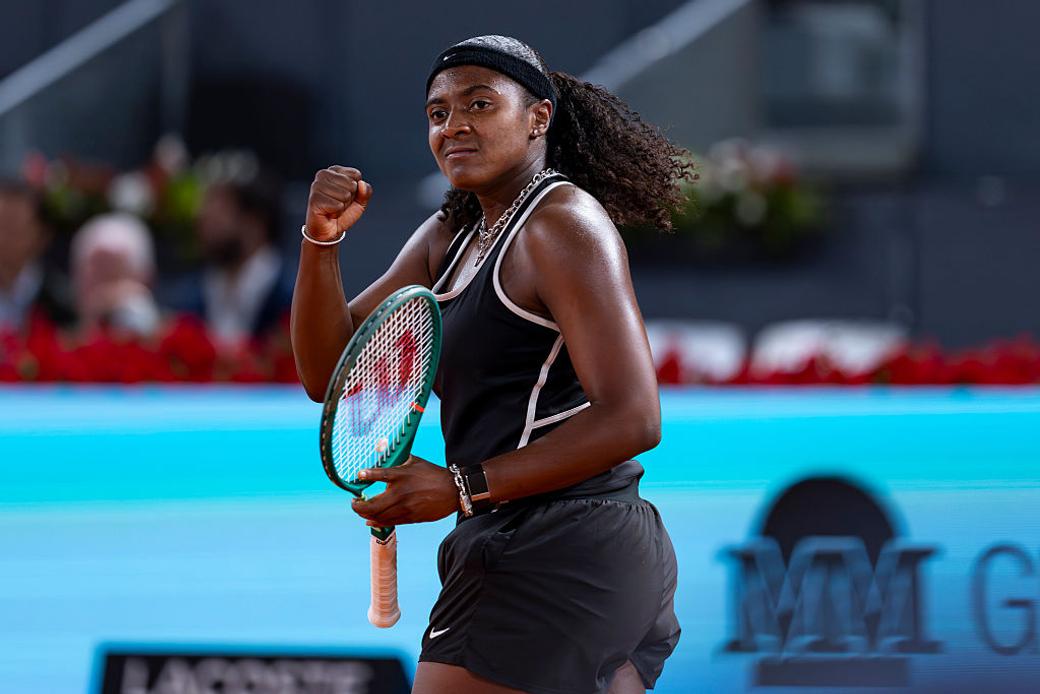 Hailey Baptiste celebrates a winning point during the Women's Singles quarter-final match at the Mutua Madrid Open 2026 tournament. (Alberto Gardin/Eurasia Sport Images/Getty Images)
