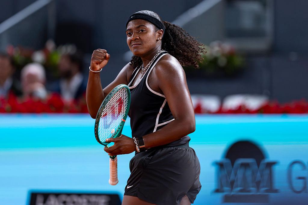 Hailey Baptiste celebrates a winning point during the Women's Singles quarter-final match at the Mutua Madrid Open 2026 tournament. (Alberto Gardin/Eurasia Sport Images/Getty Images)
