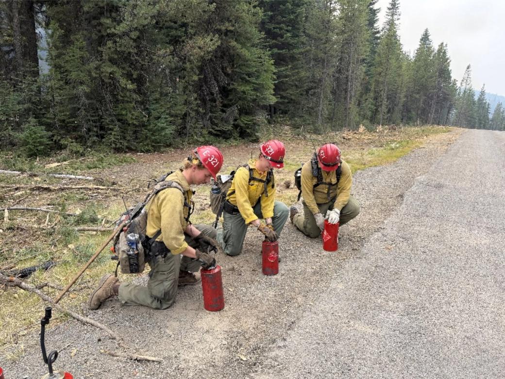 Three firefighters wearing uniforms and helmets hold red tanks and kneel on dirt road lined with tall trees