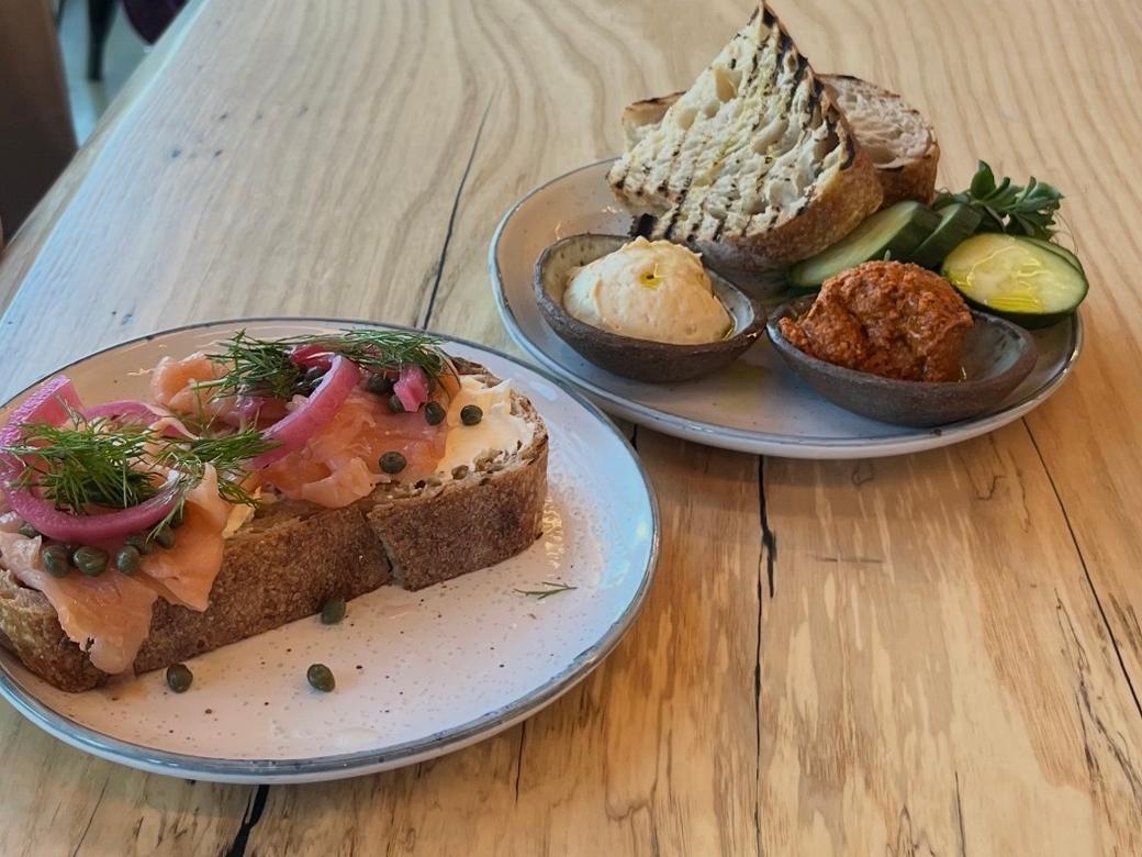 White plates with salmon lox tartine and sourdough with hummus, muhammara, and cucumber on a table.