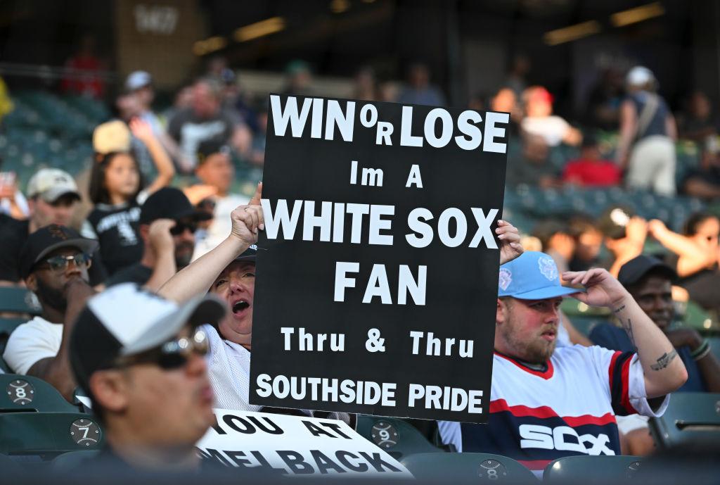 A Sox fan displays a sign at Guaranteed Rate Field Oct. 1