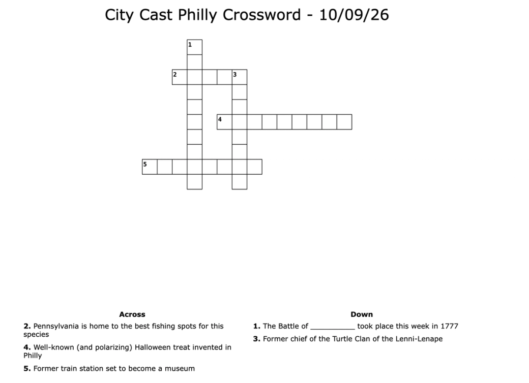 A crossword puzzle with five, Philly-themed clues. The title of the image says "City Cast Philly Crossword - 10/09/26