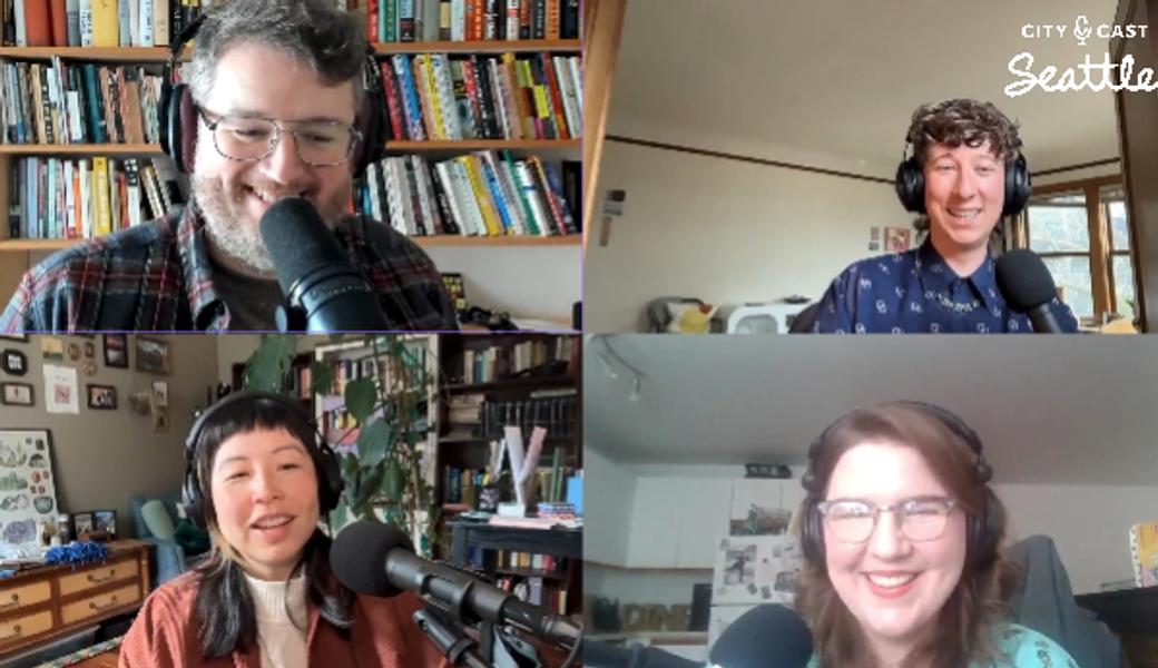 The City Cast team and Lex Vaughn. Liam is in the top left smiling with Sam in the frame beside him. Jane is asking a question in the bottom left and Lex is laughing