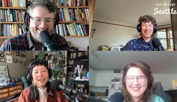 The City Cast team and Lex Vaughn. Liam is in the top left smiling with Sam in the frame beside him. Jane is asking a question in the bottom left and Lex is laughing