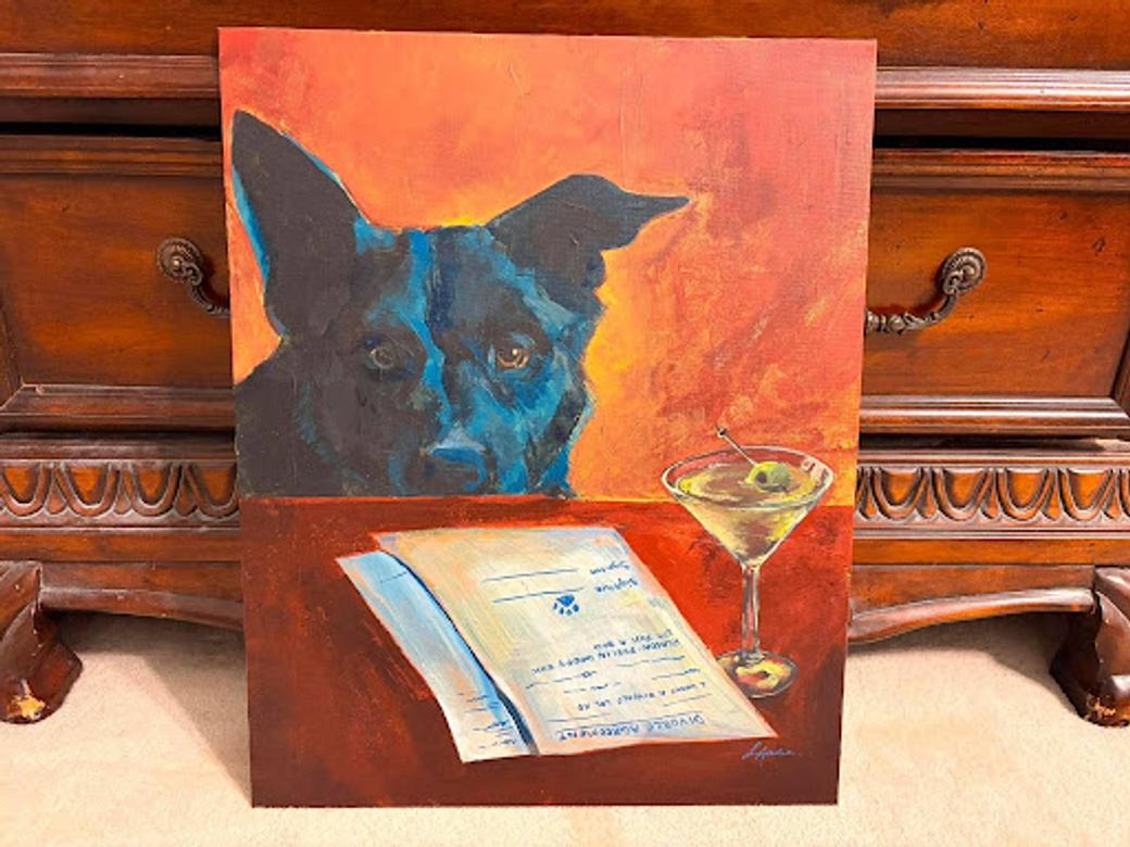 A painting of a dog with papers in front of it.