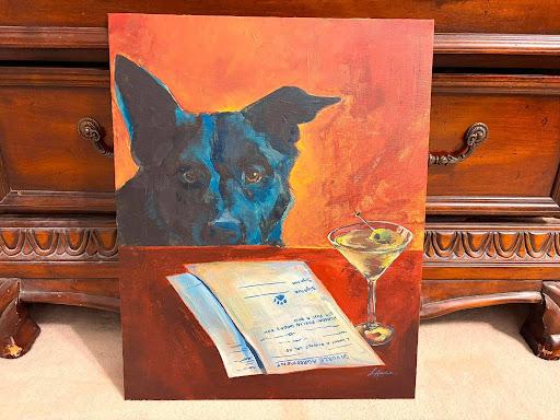 A painting of a dog with papers in front of it.