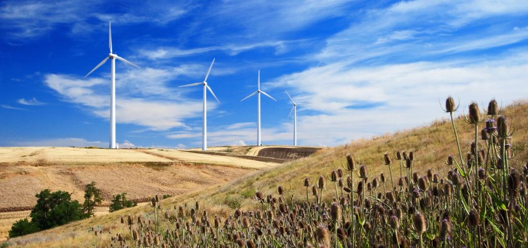 Condon Wind farm - Rolling hills and wind turbines on a beautiful, blue sky day near Condon, OR.