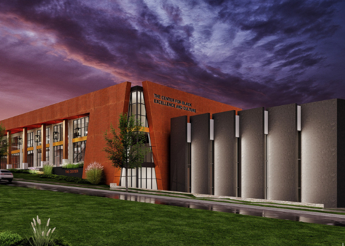 An artist's rendering of a building under purple skies.