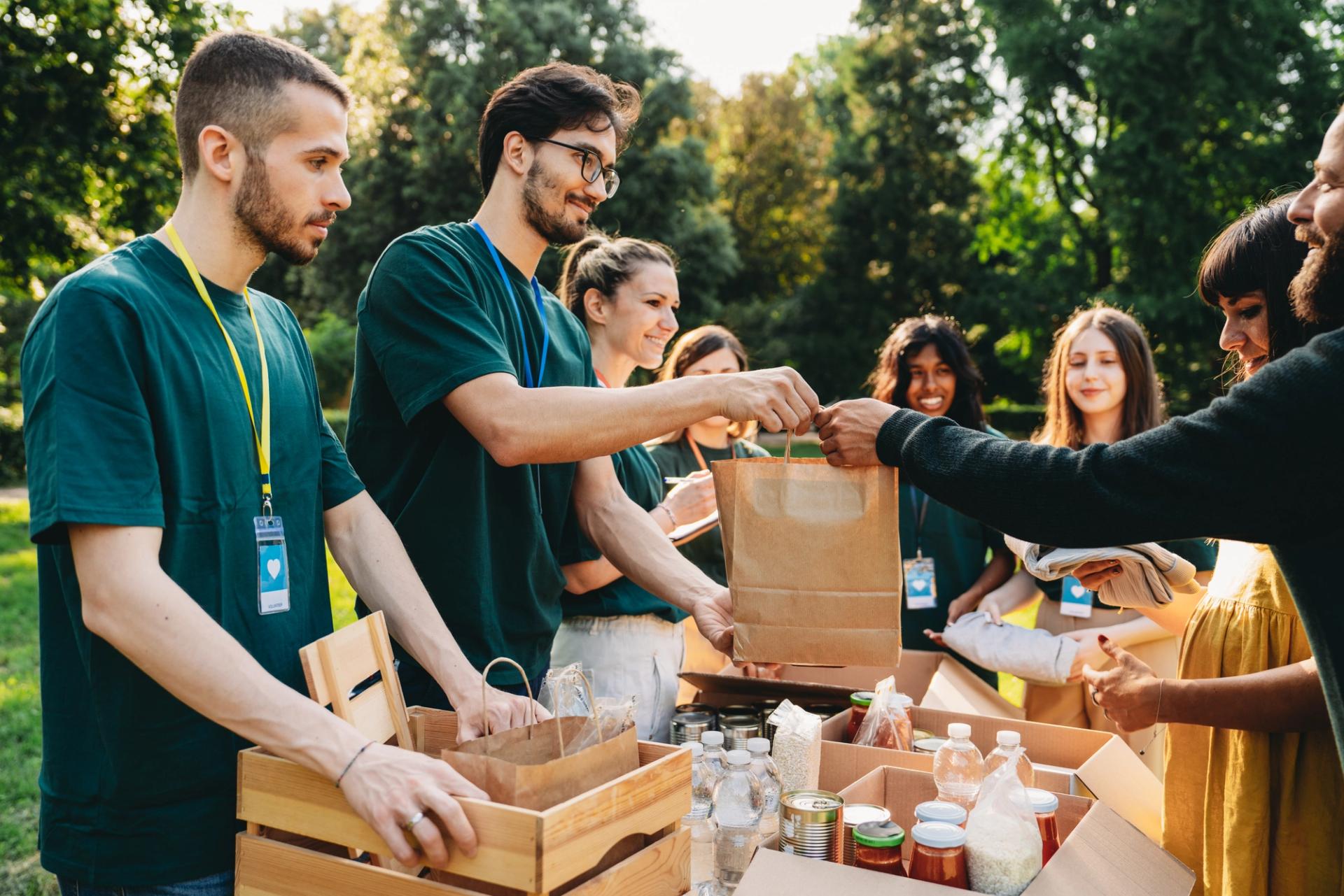 Photo of workers and clients at a food pantry.
